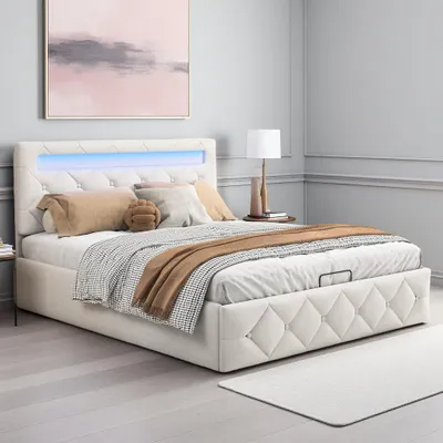 Immagine prodotto di ProximaX Letto imbottito moderno 140x200 cm in albicocca con illuminazione a LED, porta di ricarica USB e alzata a gas - letto matrimoniale con ampio spazio di contenimento sotto la base del materasso e testata in tessuto imbottito