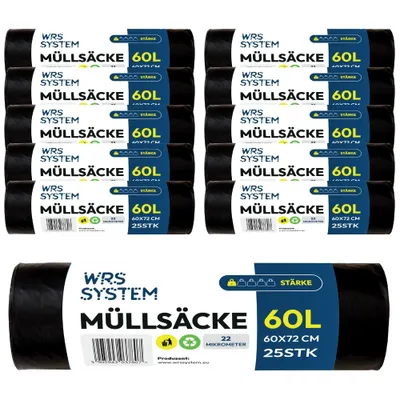 Zdjęcie produktu dla WRS System Zestaw 10 sztuk uniwersalnych worków na śmieci 60 l 10x25 szt. Worki na śmieci o dużej wytrzymałości Worki na odpady Worki na śmieci