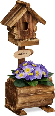 Produktbild von Relaxdays Deko Vogelhaus mit Blumentopf, Tannenholz, rustikales Design, HxBxT: 41 x 15 x 15 cm, Dekohäuschen, natur