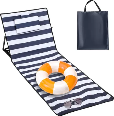 Produktbild von Izrielar Strandmatte mit Tragegurt, Gepolstert, mit verstellbarer Kopflehne, Kopstütze, Rückenlehne, 158 x 55 x 52 cm, Blau-weiß gestreift