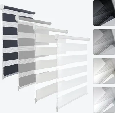 A display of multiple roller blinds in different colors and sizes, arranged diagonally.