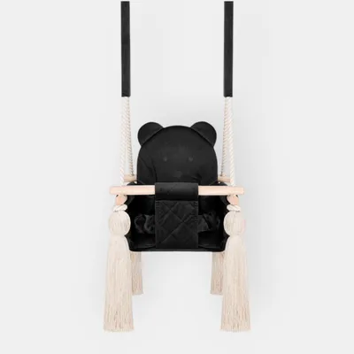 Image de Balançoire Bébé d’Intérieur en Velours Noir – Pour Bébés et Jeunes Enfants – Harnais de Sécurité, Design Ourson, Cadre en Bois – Fabriqué dans l’UE