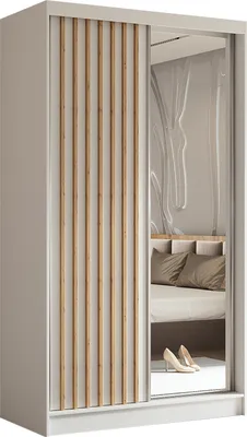 Image de Armoire Erika de 120 cm avec lamelles et miroir, comprenant 2 portes coulissantes, penderie, tringle à vêtements, livraison à domicile (couleur : blanc, blanc, lamelles Artisan)