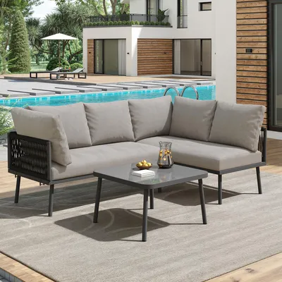 Produktbild von Garten-Lounge-Set aus Eisen, Gartenmöbel-Set aus grauem Seil, L-förmiges Gartenmöbel-Set, Lounge-Set aus grauem Seil mit Sitzkissen