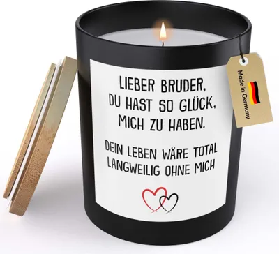 Produktbild von 22Feels Bruder Geschenk von Schwester Spruchkerze Sojawachs Kerze im Glas "Glück Mich Zu Haben" Männer Geschwister Geburtstag Weihnachten Handgemacht Spruch Duft Nachhaltig - ZITRUS