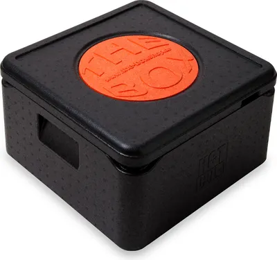 A black insulated box with an orange circular logo on the lid.