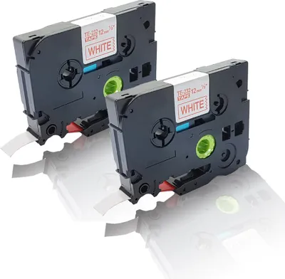 Two black label maker cartridges with white labels are shown against a white background.