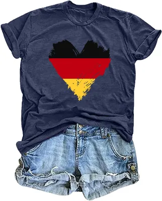Immagine prodotto di Maglietta a maniche corte da donna con la bandiera tedesca e un motivo a cuore, ideale per un look casual estivo