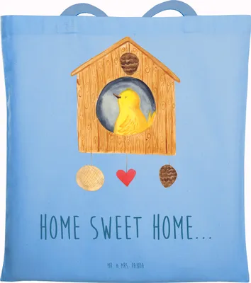 Produktbild von Mr. & Mrs. Panda Tote Bag Vogelhaus Home - Sky Blue - Geschenk, Sweet, Laptoptasche, Lustige Sprüche, Shopping Tasche, Haus, Jutebeutel, Hausbau, Tragetasche, Vogel