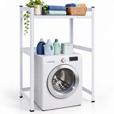 Productafbeelding van Relaxdays wasmachineplank, hoogte x breedte x diepte: 120 x 90 x 60 cm, 1 plank, 200 kg draagvermogen, staal, MDF, steeksysteem, zwaar belastbaar plank, wit, AI-gegenereerde afbeelding
