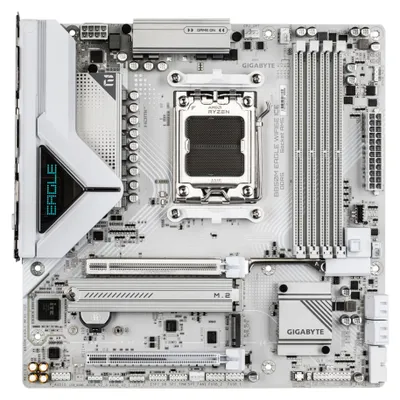 Produktbild von GIGABYTE B850M EAGLE WIFI6E ICE Motherboard - AMD Ryzen 9000 Series CPUs, 8+2+2 Phasen Digital VRM, bis zu 8200MHz DDR5 (OC), 1xPCIe 5.0 + 1xPCIe 4.0 M.2, Wi-Fi 6E, 2.5 GbE LAN, USB 3.2 Gen 2