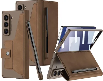 Produktbild von Hülle für Samsung Galaxy Z Fold 7 Leder Schutzhülle Eingebauter Bildschirmschutz mit Stiftschlitz Braun