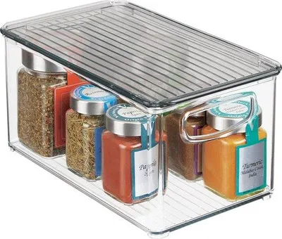 Zdjęcie produktu dla Pudełko do przechowywania Tomivo® z pokrywką – pojemnik do lodówki, możliwość układania w stos, wymiary 25,4 x 15,2 x 12,7 cm, wykonane z tworzywa sztucznego wolnego od BPA, przezroczyste/dymne, z uchwytem