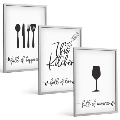 Produktbild von Bilder Set 3-teilig im silbergerahmten Rahmen – Wandbilder 3 Stück – gerahmte Poster für Wohnzimmer, Schlafzimmer und Flur – 40x60 cm – Küchenutensilienmuster