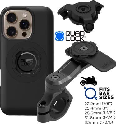 Produktbild von QUAD LOCK Motorrad Lenker Handyhalterung PRO + Vibrationsdämpfer + MAG Hülle für iPhone 16 Pro