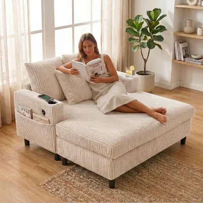 Image de LVHOM Canapé-lit avec LED & USB, fauteuil palmier en velours côtelé, canapé lounge avec poches latérales & porte-boissons, capacité de charge 350kg, 128x85x142 cm, Beige