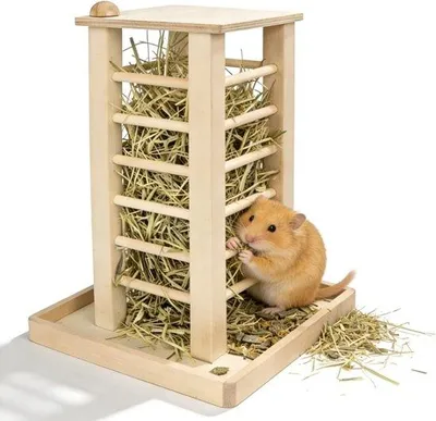 Productafbeelding van SnelShoppen - Hoge Capaciteit Houten Hooi Rek voor Konijnen, Cavia's, Hamsters en Muizen - 36 x 24 x 24 cm - Veilig en Duurzaam