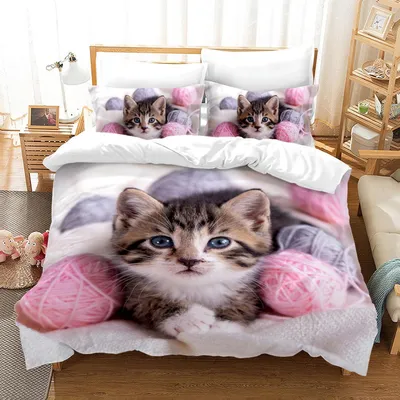 Obrázek produktu pro Sada povlečení 200x200 cm, motiv kočky, mikrovlákno, 3D potisk, 3dílná sada se zipem