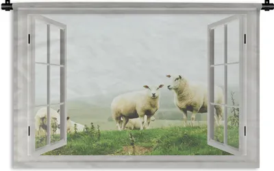 Produktbild von MuchoWow® Wandteppich Wandbehang Durchblick - Gras - Schafe 60x40 cm Tapisserie Dekoration Wandtuch - Wanddekorationen