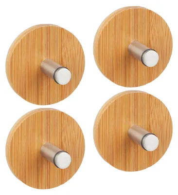 Productafbeelding van Relaxdays zelfklevende handdoekhaken, set van 4 ronde plakhaakjes, geschikt voor badkamer en keuken, roestvrij staal en bamboe, roestvrij, natuurlijke uitstraling