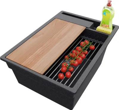 Produktbild von PRIMAGRAN Spülbecken Anthrazit 38x53cm, Granitspüle 1 Becken + Ablauf-Set + Küchenzubehörset, Küchenspüle ab 40er Unterschrank - Oslo Pocket