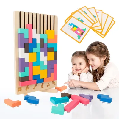 Zdjęcie produktu dla Drewniana gra w Tetris dla dzieci, zawierająca elementy o kształtach geometrycznych