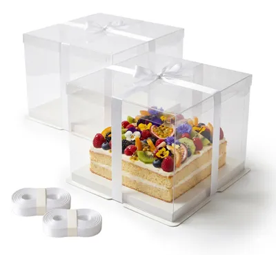 Produktbild von Relaxdays Tortenbox 2er Set, Deckel, Band & Sockel, HBT: 20x30x30 cm, Kuchenbox Hochzeit & Geschenk, transparent/weiß