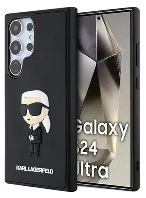 A black phone case with a 3D Karl Lagerfeld character and the brand name is shown next to a phone displaying marketing text.