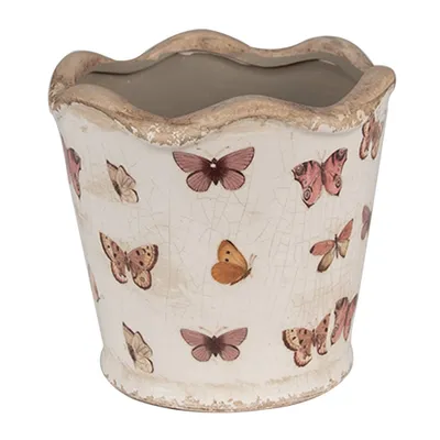 Produktbild von Clayre & Eef Blumentopf Ø 13x12 cm Beige Rosa Keramik Schmetterlinge