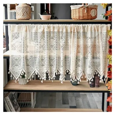 Produktbild von Transparente Scheibengardinen mit Stickerei im Landhausstil, Kurzgardine Boho, kurze Hohlestickerei Vorhänge, Küchengardinen für kleine Fenster (1 Stück, BxH 130x60 cm, Beige)