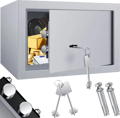 A safe with its door open, revealing gold bars, coins, and banknotes inside. The safe is shown with keys and mounting screws.