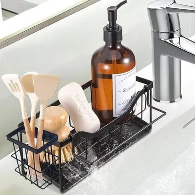 Immagine prodotto di Organizer in acciaio per lavello da cucina - Organizer multifunzionale per lavello con ripiano di drenaggio e portasciugamani