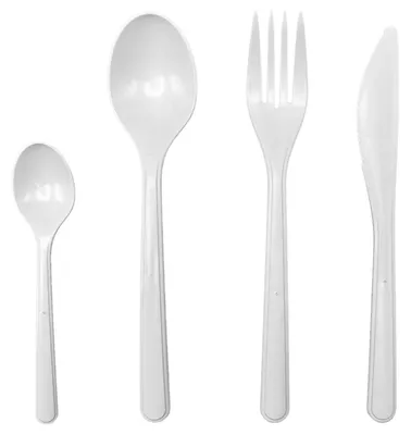 Produktbild von 50x Mehrweg-Besteckset aus PP bestehend aus Gabel Messer Löffel und Kaffeelöffel weiß