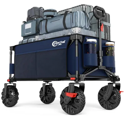 Imagen del producto de Carro de playa plegable con frenos, ruedas grandes para todo tipo de terrenos, capacidad de carga de 110 kg, ideal para jardín y playa