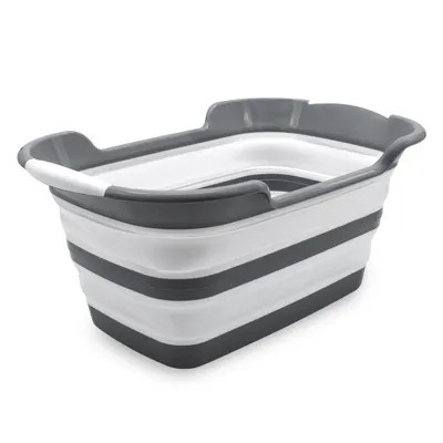 A collapsible laundry basket shown from a slightly elevated side angle against a white background.