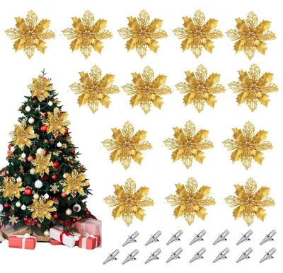 Produktbild von Künstliche Weihnachtsblumen mit Clips, 15 Stück, Gold, 16 cm Durchmesser