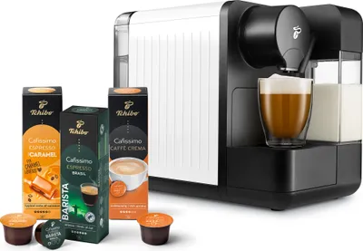 Produktbild von Tchibo Cafissimo "milk" Kaffeemaschine Kapselmaschine inkl. 30 Kapseln für Caffè Crema, Espresso, Kaffee und Milchspezialitäten, Weiß