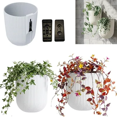 Produktbild von Set mit 2 Wandbepflanzung, Wandblumentopf, Hängeblumentopf, H 18 cm, Ø 15 cm, zarte vertikale Rillen, weiß, Kletterpflanzen, Pflanzenwand, Blumendekoration