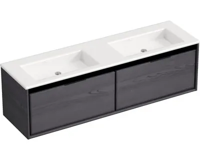 Produktbild von Sanox Badmöbel-Set Loft BxHxT 160,5 x 47 x 45,5 cm Frontfarbe black oak mit Doppel-Waschtisch Mineralguss weiß Griff chr