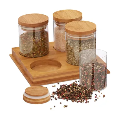 Produktbild von relaxdays Gewürzbehälter Set mit Bambustablett