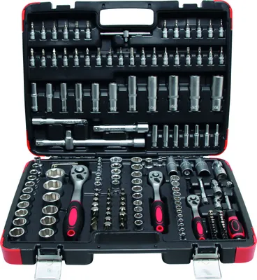 A red and black tool case filled with various sockets, wrenches, and other tools.