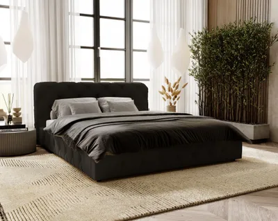 Image de Lit rembourré 160x200 glamour Alise - Lit double avec sommier à lattes, chambre à coucher (Noir - Amor Velvet 4322)