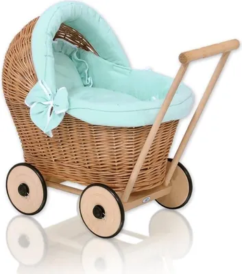 Productafbeelding van Wieg voor poppen, mandmodel, met mintgroene bekleding – handgemaakt en extra zacht