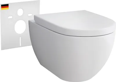 Produktbild von Alpenberger Hänge WC Spülrandlos | Gäste WC Kloschüssel Keramik Toiletten | WC-Sitze Soft Close Toilettendeckel | Toilettenschüssel | Wand WC Set Passend Geberit WC mit Schallschutz Set
