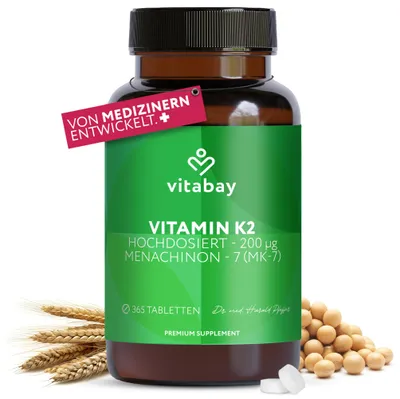 Produktbild von Vitabay Vitamin K2 200 µg - 365 vegane Tabletten - MK-7 all-trans - hochdosiert & ohne Zusatzstoffe - hohe Bioverfügbarkeit - Vorrat für 12 Monate