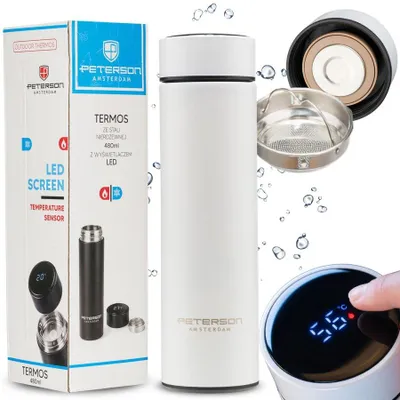 Image de Thermos à boissons en acier inoxydable, blanc, 480 ml, avec thermomètre