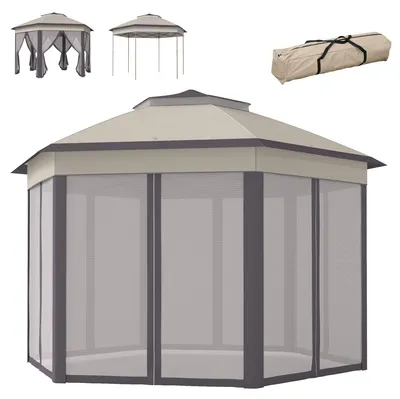 Produktbild von Outsunny Gartenpavillon Faltpavillon mit 6 Seitenteile Doppeldach Kaffee+Beige