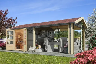 Produktbild von Karibu Gartenhaus Gerätehaus Theres 7 im Set mit 1 Dachausbauelement terragrau 600x304x250 cm