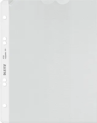Produktbild von Leitz Prospekthülle, DIN A5, farblos, PP-Folie, 130 my, Oberfläche genarbt, oben offen, 4-fach Lochung, dokumentenecht, Einreißschutz, Papiereinlage, 100 Hüllen
