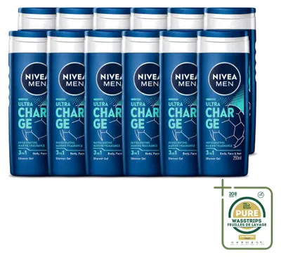 Produktbild von 12 x Nivea Men Ultra Charge 3-in-1 Duschgel - 250 ml - Vorratspackung - 12 Stücke